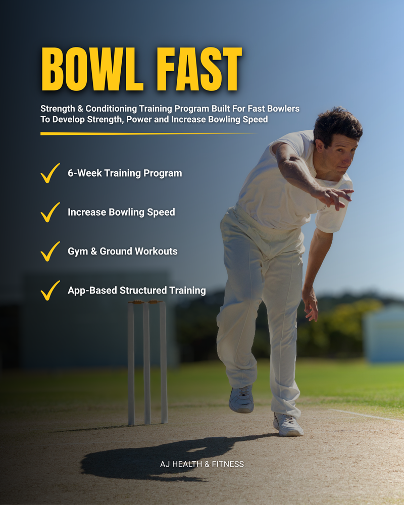 Cricketer bowling with text about a strength and conditioning training program for fast bowlers.