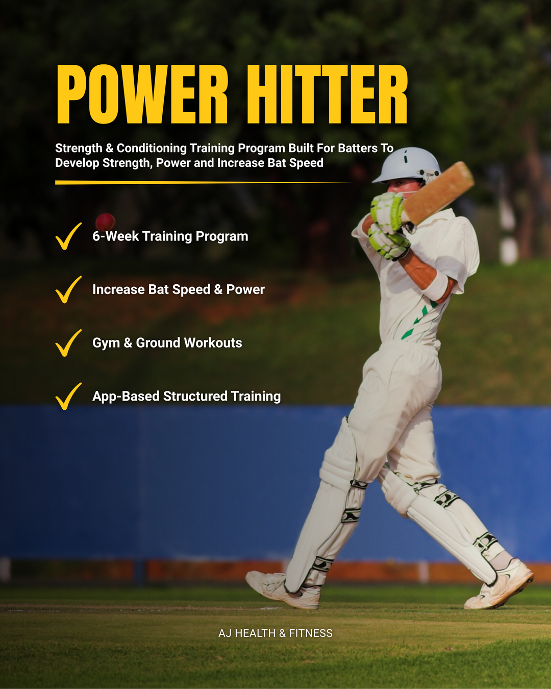 Batsman playing a powerful shot for a strength and conditioning training program for batters